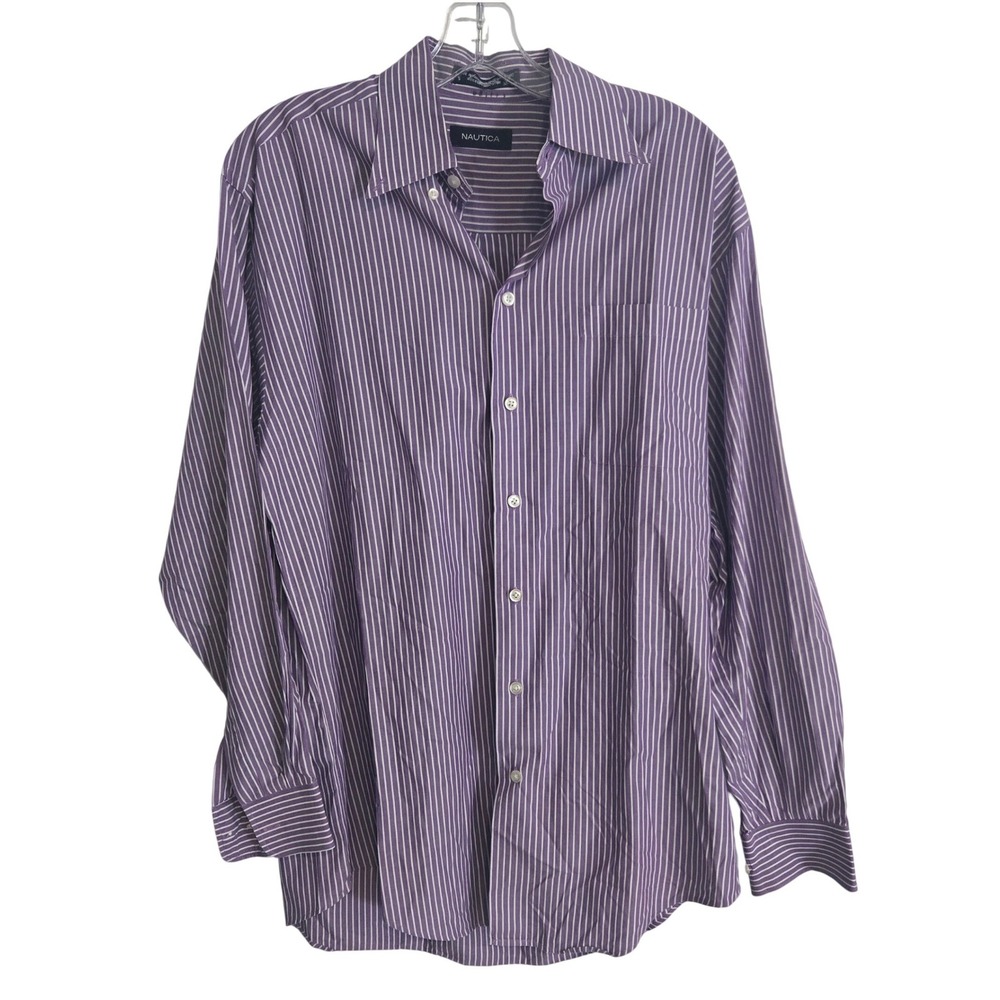 Nautica Men's Purple Striped Button Dress Shirt 15 32/33 Cotton Long Sleeve
